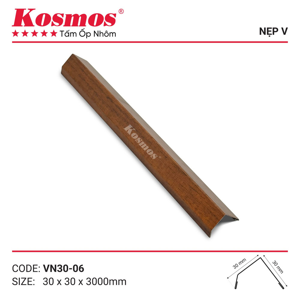 Mẫu nẹp V nhôm sơn lăn vân gỗ nâu đỏ VN30-06 Kosmos