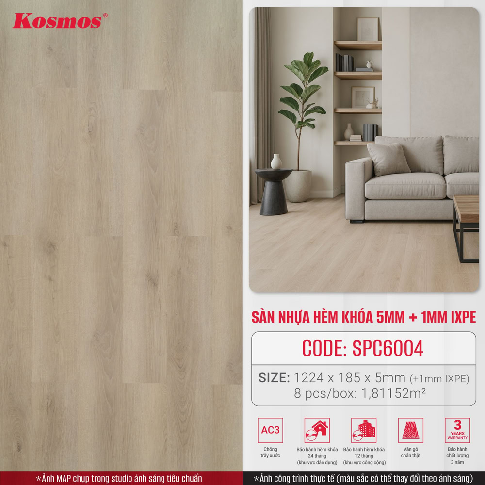 Mẫu sàn nhựa hèm khóa SPC6004 giả vân gỗ màu vàng kem
