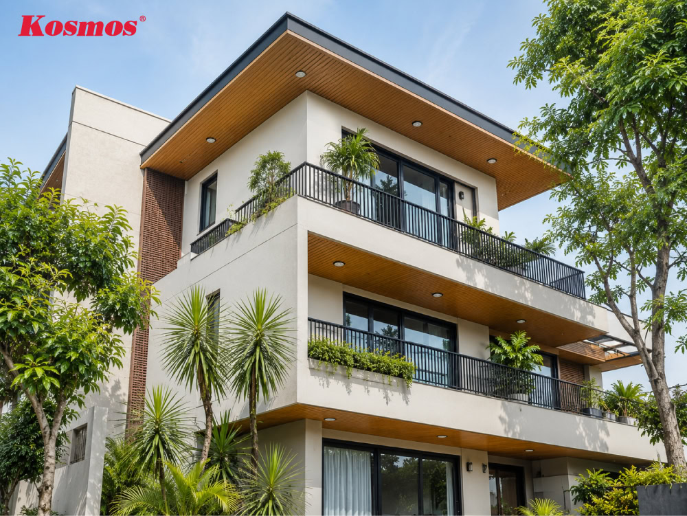 Mẫu tấm ốp lam sóng nhôm giả gỗ vàng nâu ốp trần mái hiên nhà phố hiện đại