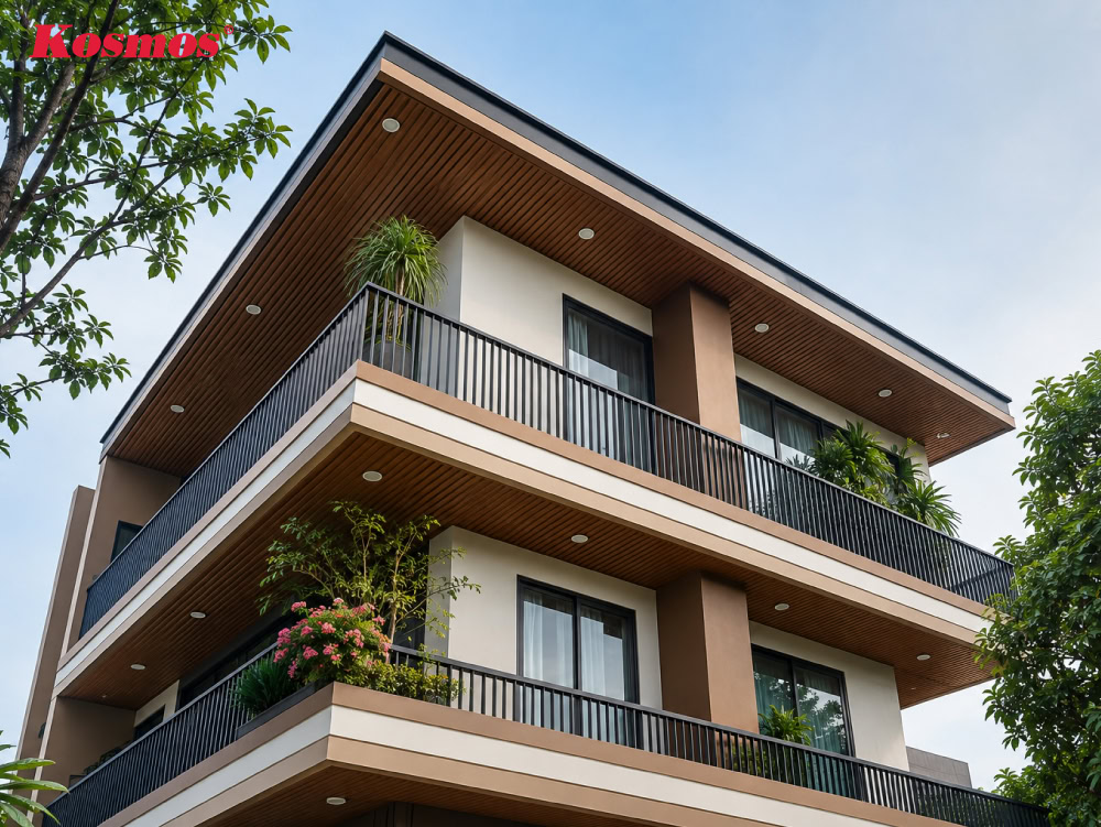 Mẫu tấm ốp nhôm 3 sóng giả gỗ nâu ốp trần mái hiên nhà cao tầng sang trọng