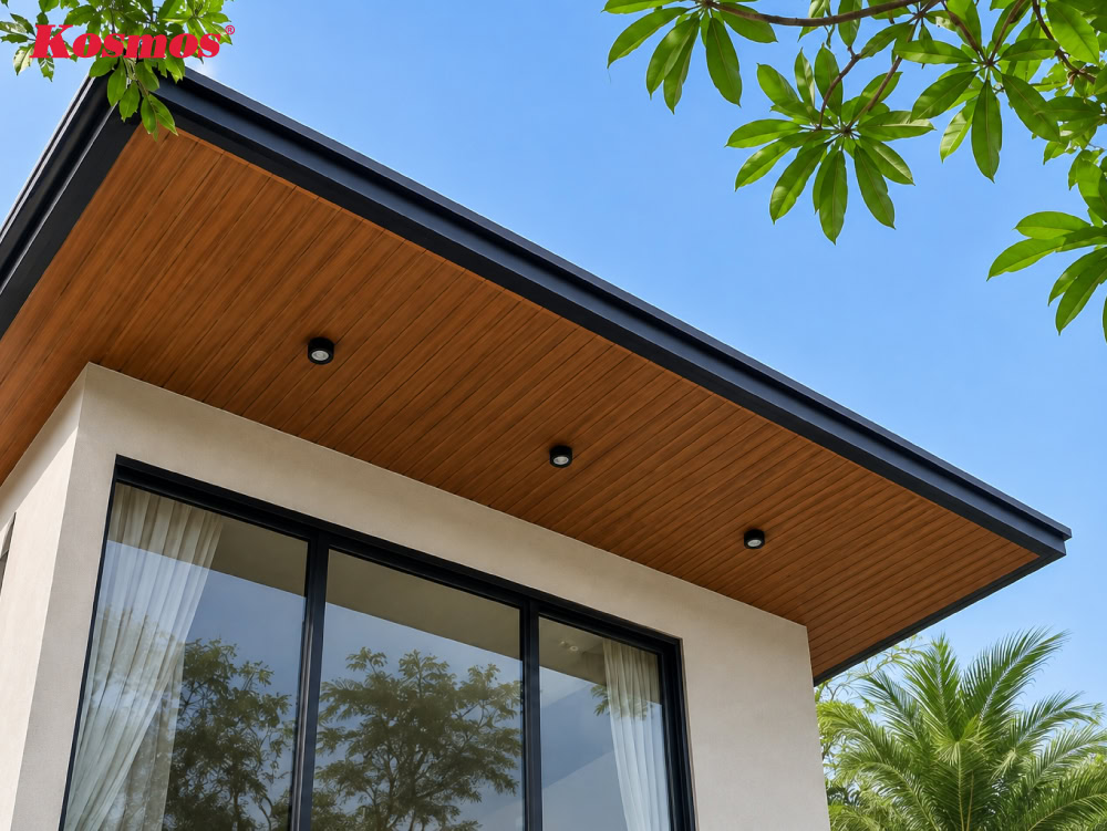 Mẫu trần nhôm mái hiên giả gỗ nâu đỏ đẹp