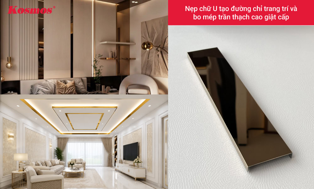 Nẹp chữ U tạo đường chỉ trang trí và bo cạnh tấm, mép trần thạch cao