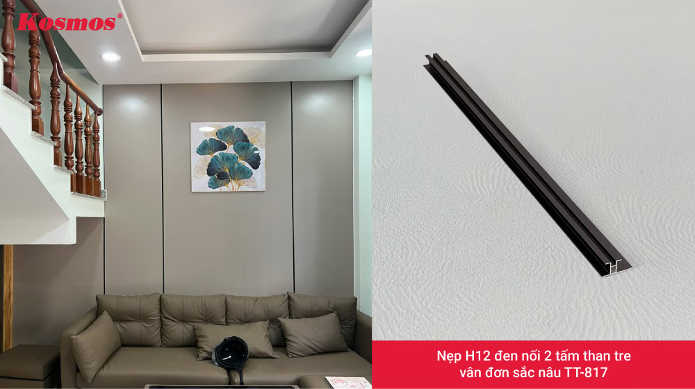 Nẹp H12 đen nối 2 tấm than tre vân đơn sắc nâu TT-817