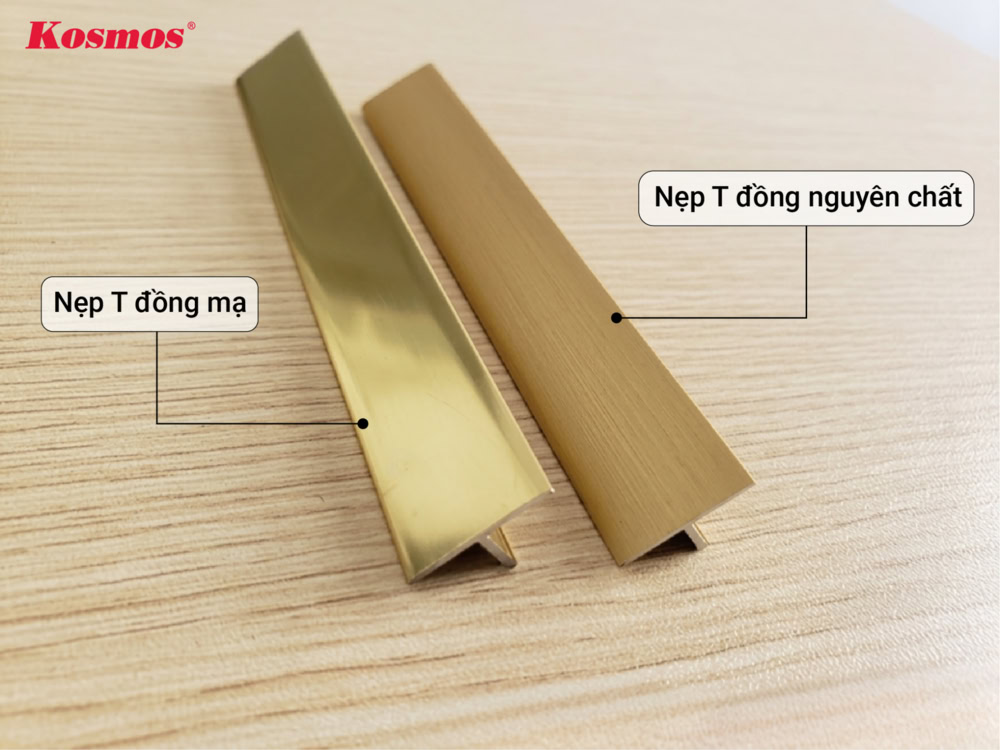Nẹp T đồng có 2 gam màu chính gồm màu vàng bóng và vàng mờ Nẹp T đồng có 2 gam màu chính gồm màu vàng bóng và vàng mờ