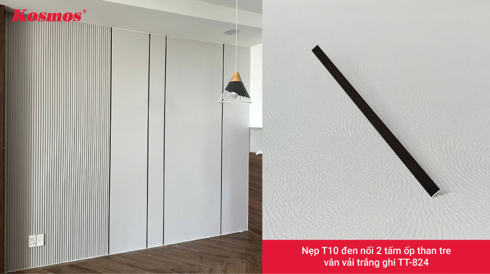 Nẹp T10 đen nối 2 tấm ốp than tre vân vải trắng ghi TT-824