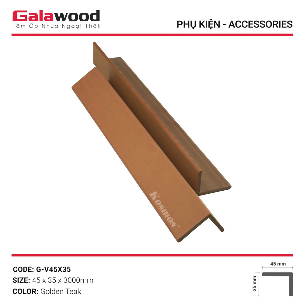 Nẹp V gỗ nhựa ASA G-V45X35 màu Golden Teak Galawood mô phỏng vẻ đẹp của gỗ tếch tự nhiên