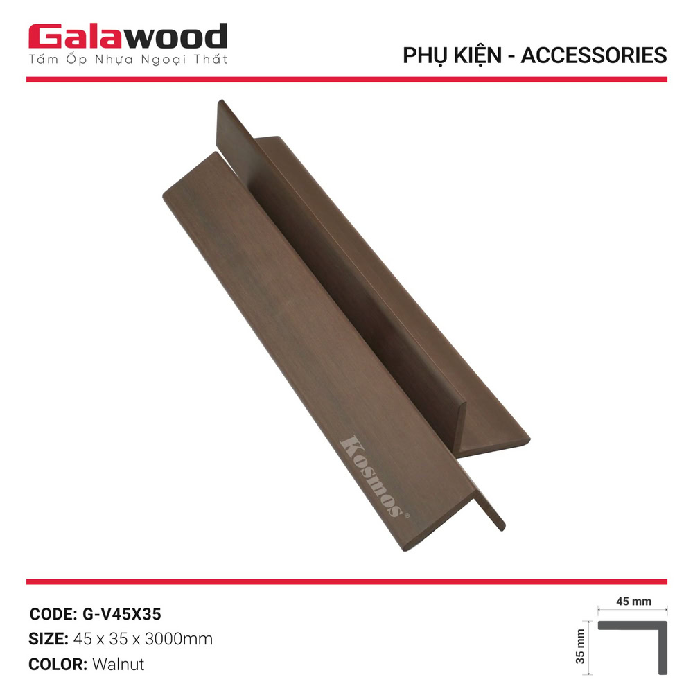 Nẹp V gỗ nhựa ASA G-V45X35 màu Walnut được lấy cảm hứng từ gỗ óc chó tự nhiên Nẹp V gỗ nhựa ASA G-V45X35 màu Walnut được lấy cảm hứng từ gỗ óc chó tự nhiên