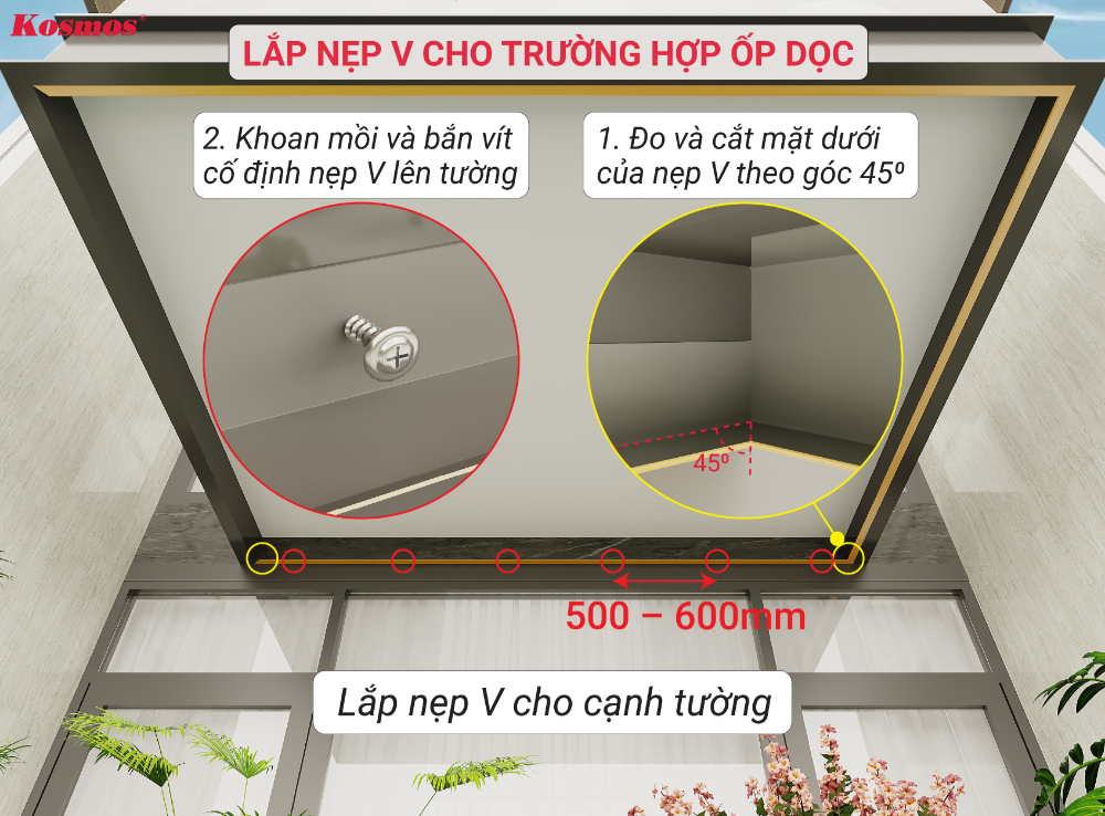 Ốp dọc: Cố định nẹp V cho mặt giáp tường
