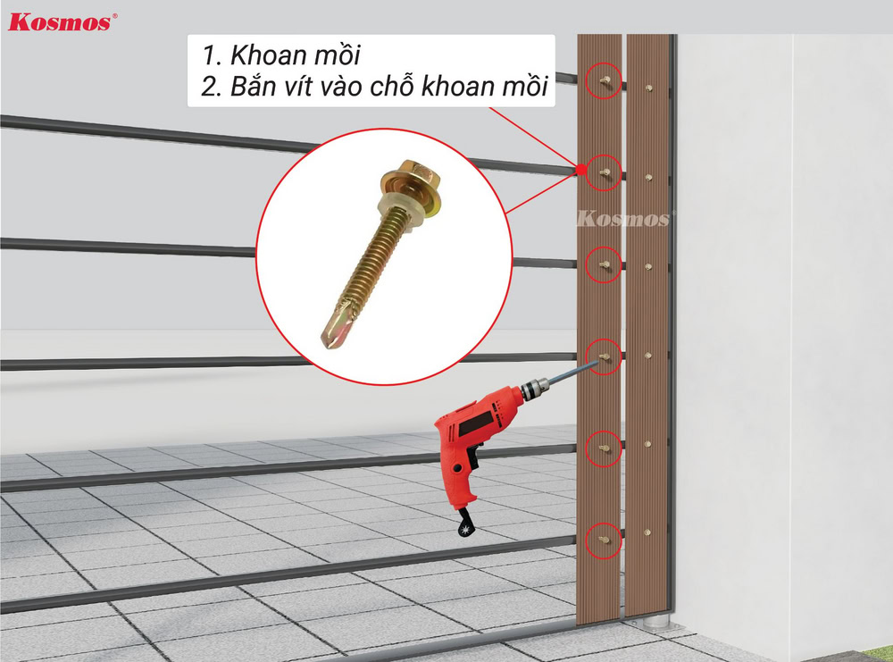 Ốp dọc: Khoan mồi, bắn vít vào chỗ khoan mồi để cố định thanh đa năng thứ 2 lên thanh xương