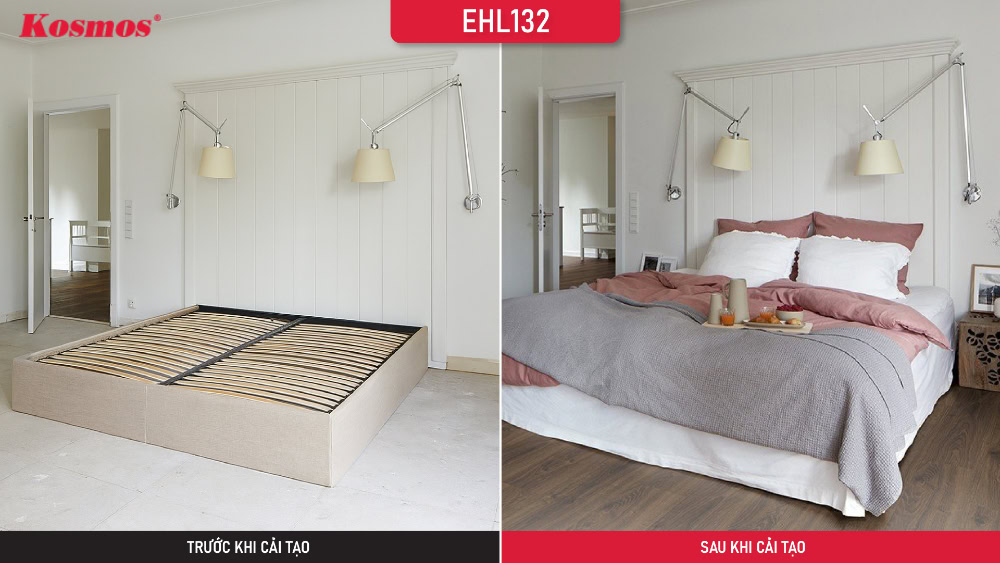 Phòng ngủ cải tạo bằng sàn gỗ công nghiệp EGGER 12mm EHL132 thi công bởi đại lý Kosmos
