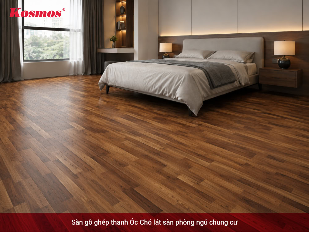 Sàn gỗ ghép thanh Óc Chó lát sàn phòng ngủ chung cư