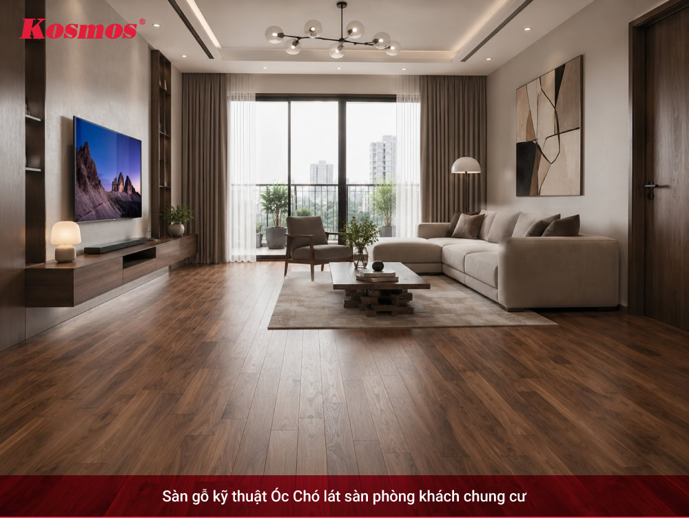Sàn gỗ kỹ thuật Óc Chó lát sàn phòng khách chung cư
