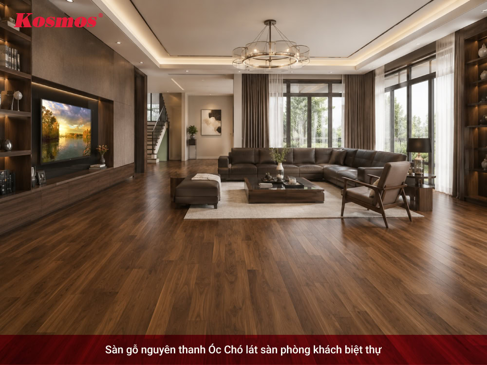 Sàn gỗ nguyên thanh Óc Chó lát sàn phòng khách biệt thự
