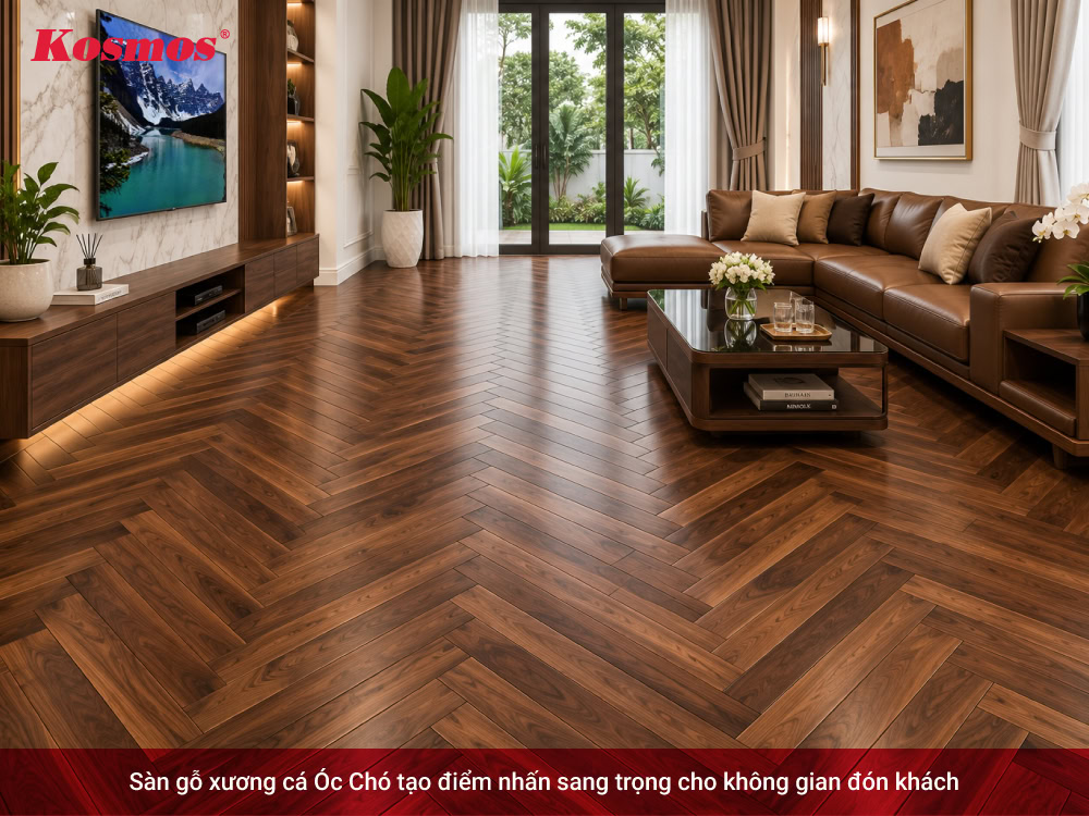 Sàn gỗ xương cá Óc Chó tạo điểm nhấn sang trọng cho không gian đón khách
