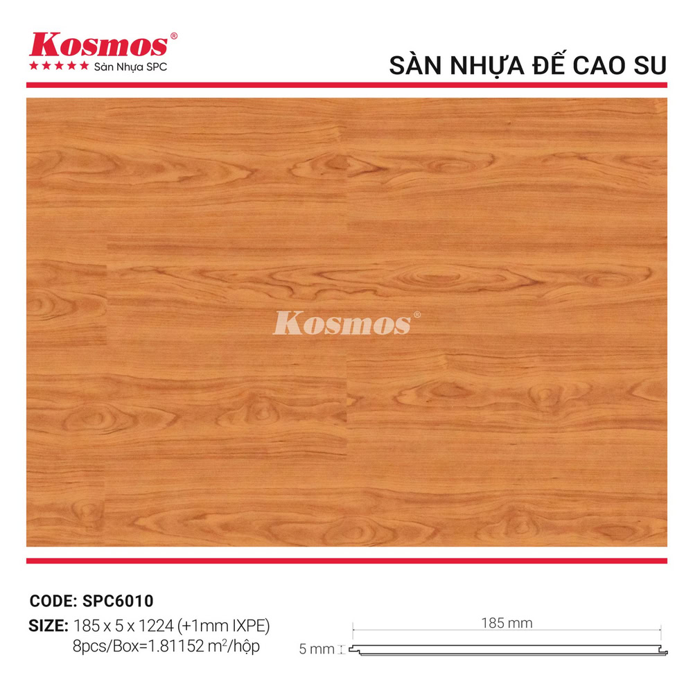 Sàn nhựa Kosmos SPC6010 nổi bật với màu vân gỗ vàng cam ấm áp