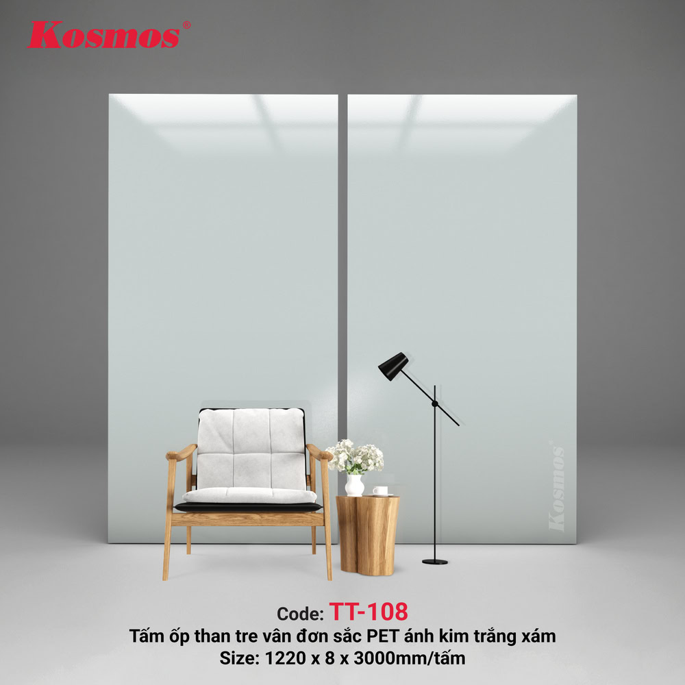 Tấm ốp than tre vân đơn sắc PET ánh kim trắng xám TT-108 Kosmos Tấm ốp than tre vân đơn sắc PET ánh kim trắng xám TT-108 Kosmos