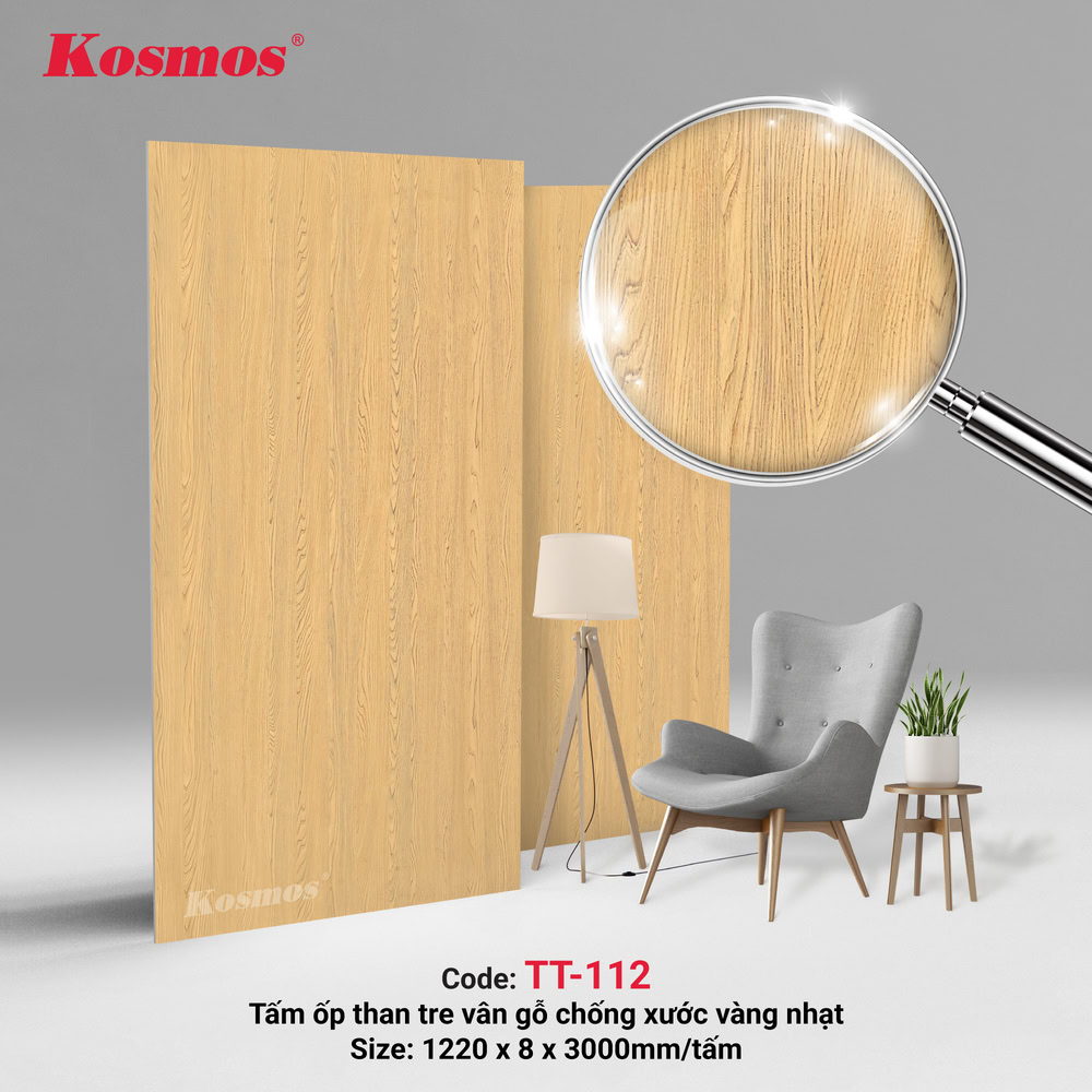 Tấm ốp than tre vân gỗ chống xước vàng nhạt TT-112 của Kosmos Tấm ốp than tre vân gỗ chống xước vàng nhạt TT-112 của Kosmos