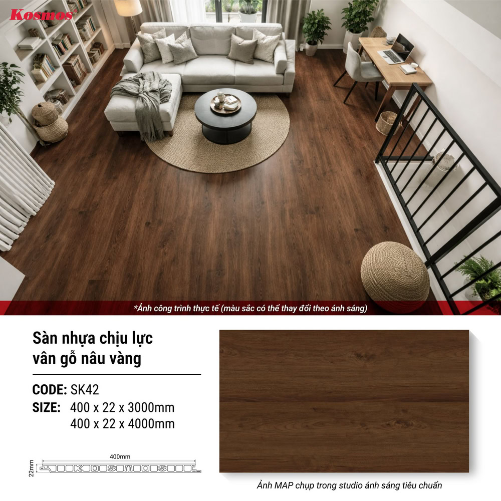 Thi công gác lửng bằng sàn chịu lực vân gỗ nâu vàng SK42