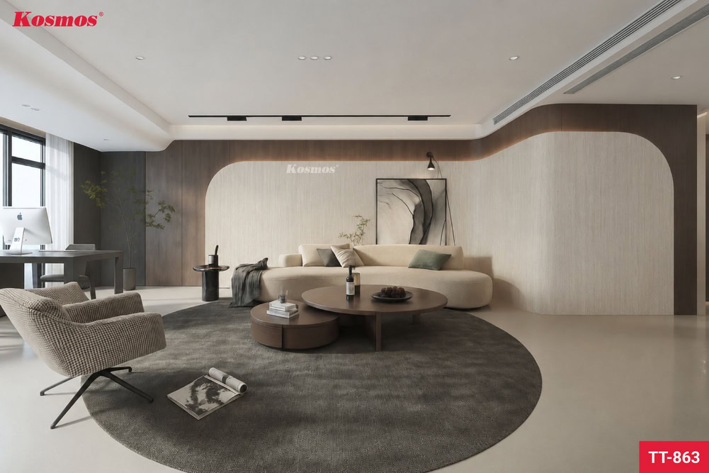Thiết kế mảng vách sau sofa phòng khách ốp tấm than tre vân đá Travertine TT-863