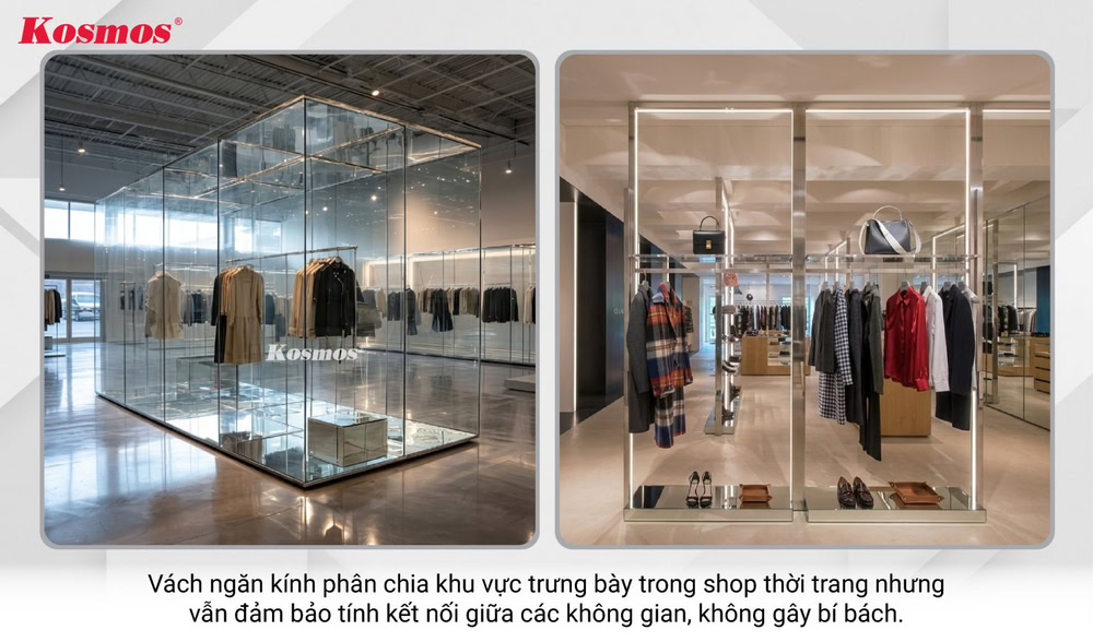 Thiết kế ngăn không gian trưng bày quần áo bằng kính Thiết kế ngăn không gian trưng bày quần áo bằng kính
