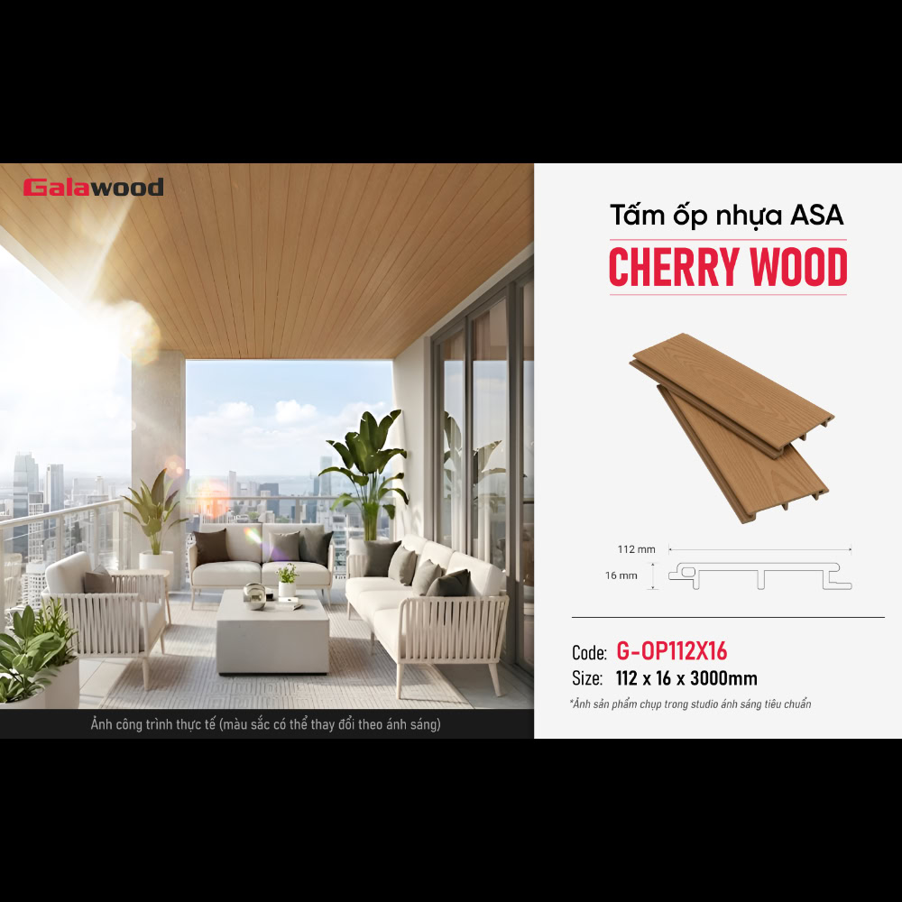 Trần ban công hoàn thiện bằng tấm nhựa ASA Cherry Wood