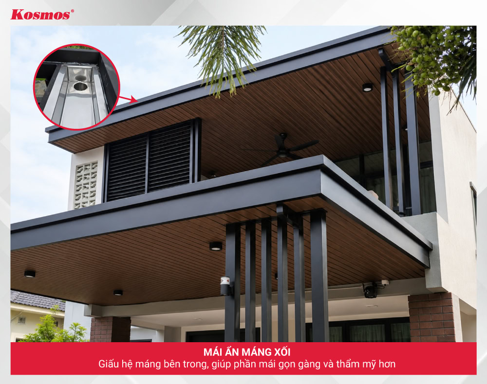 Trần nhôm che gọn máng xối được lắp âm bên trong khung mái