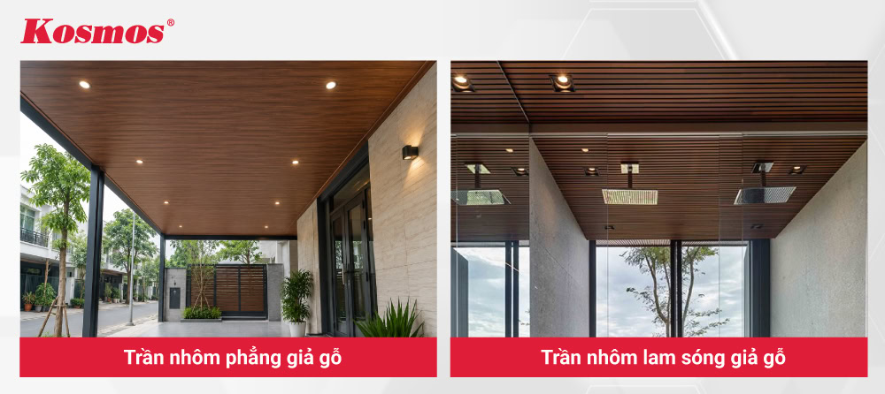 Trần nhôm phẳng và lam sóng giả gỗ