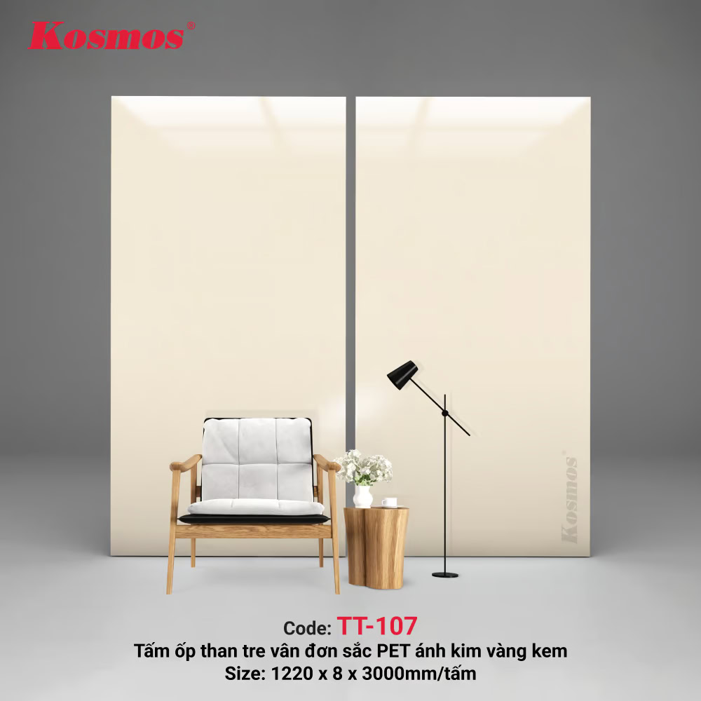 TT-107 là tấm ốp than tre vân đơn sắc PET ánh kim vàng kem Kosmos TT-107 là tấm ốp than tre vân đơn sắc PET ánh kim vàng kem Kosmos