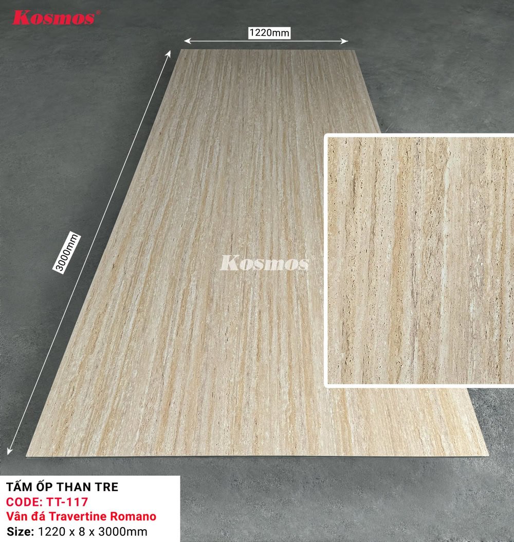 TT-117 là tấm ốp than tre vân đá Travertine Romano Kosmos màu kem ấm