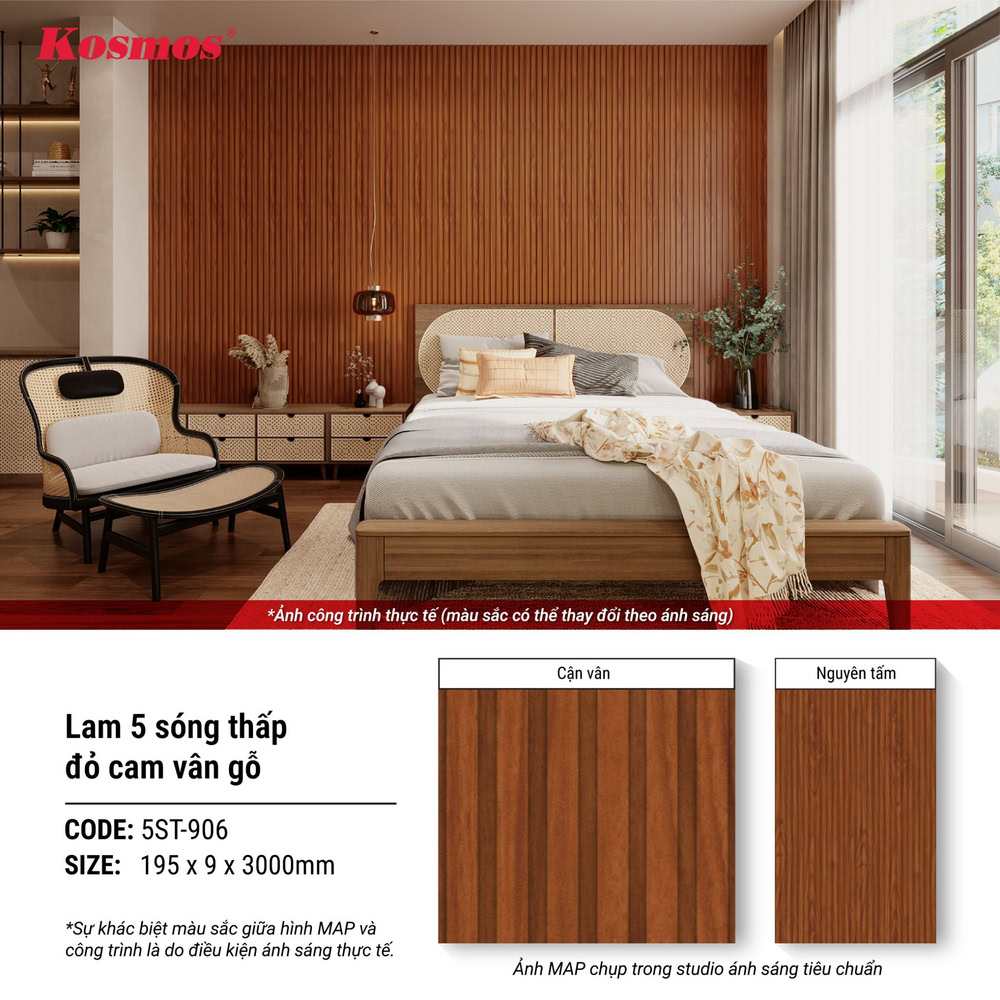 Vách đầu giường lắp đặt tấm ốp lam sóng nhựa vân gỗ 5ST-906