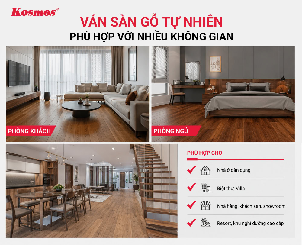 Ván sàn gỗ tự nhiên phù hợp với nhiều không gian nội thất