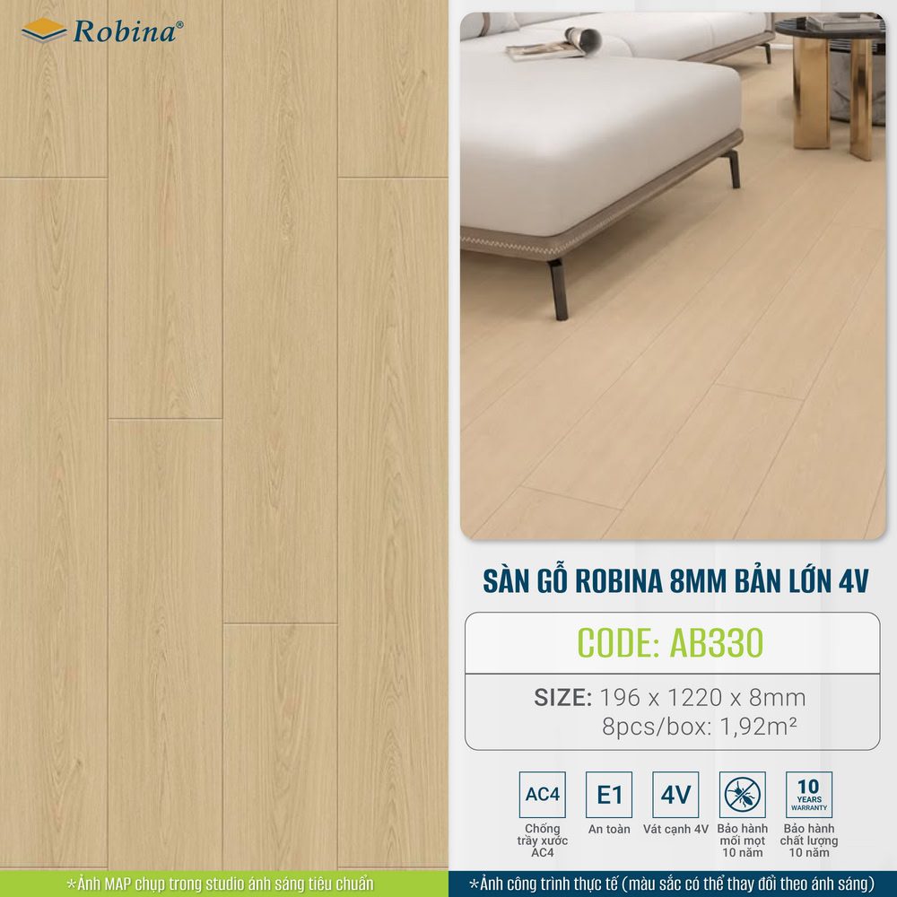 AB330 vàng sồi nhạt là sàn gỗ Robina có độ dày 8mm bản lớn với hèm khóa 4V