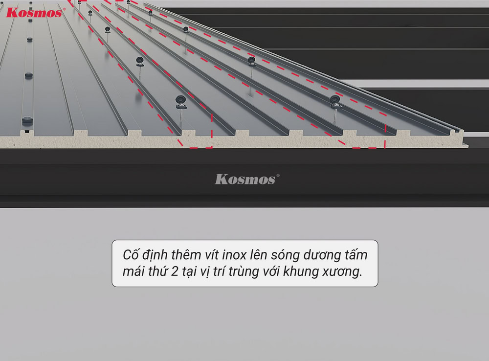 Bắn vít bổ sung vào 2 sóng dương để cố định tấm lên khung xương Bắn vít bổ sung vào 2 sóng dương để cố định tấm lên khung xương