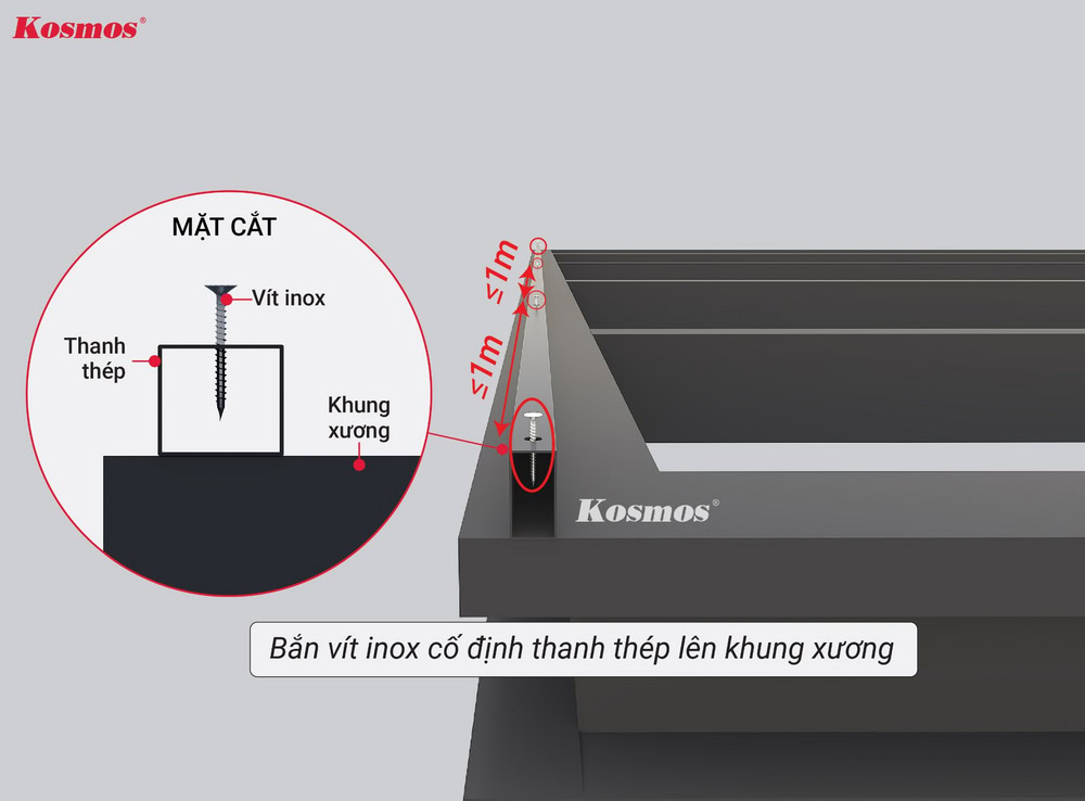 Bắn vít inox cố định thanh thép lên hệ khung xương Bắn vít inox cố định thanh thép lên hệ khung xương