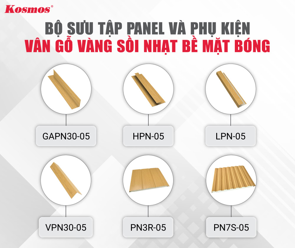 Bộ đồng màu tấm Panel và phụ kiện 05 màu vàng sồi nhạt bề mặt bóng Bộ đồng màu tấm Panel và phụ kiện 05 màu vàng sồi nhạt bề mặt bóng