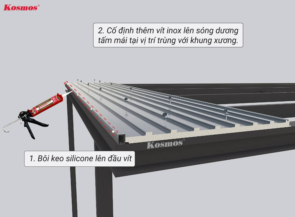 Bôi keo silicone lên đầu vít để hạn chế nước xâm nhập và cố định thêm vít inox lên sóng dương tấm lợp Panel Bôi keo silicone lên đầu vít để hạn chế nước xâm nhập và cố định thêm vít inox lên sóng dương tấm lợp Panel