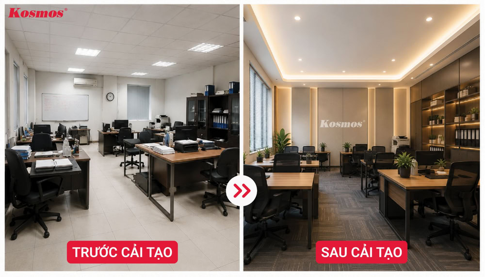 Cải tạo giúp không gian văn phòng gọn hơn, hiện đại hơn và phù hợp hơn với nhu cầu sử dụng thực tế