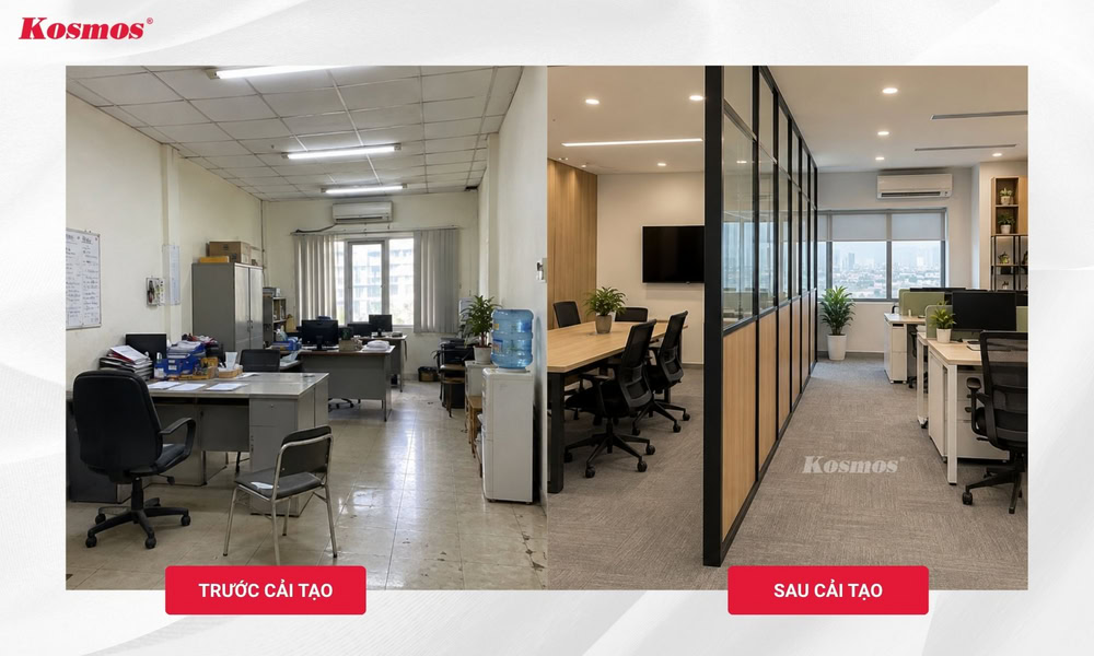 Cải tạo văn phòng bằng vách ngăn nhôm kính kết hợp cùng tấm ốp nhựa