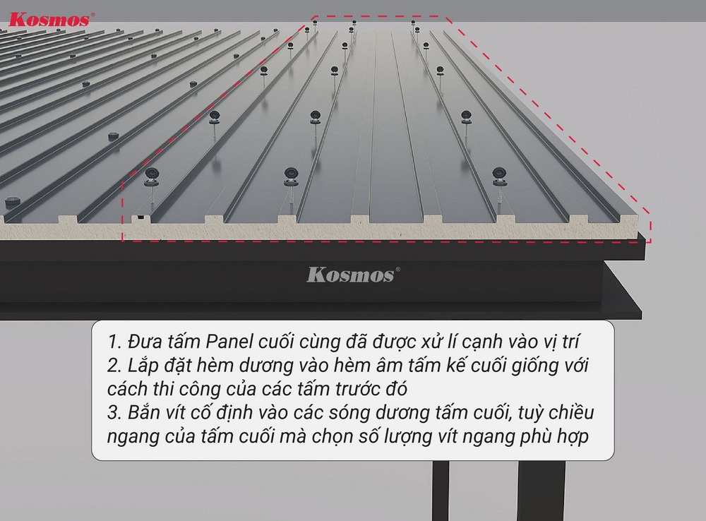 Đặt và cố định tấm mái Panel cuối cùng vào vị trí Đặt và cố định tấm mái Panel cuối cùng vào vị trí