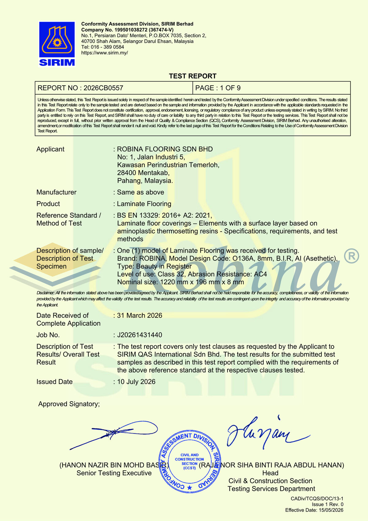 SIRIM BHD TEST REPORT