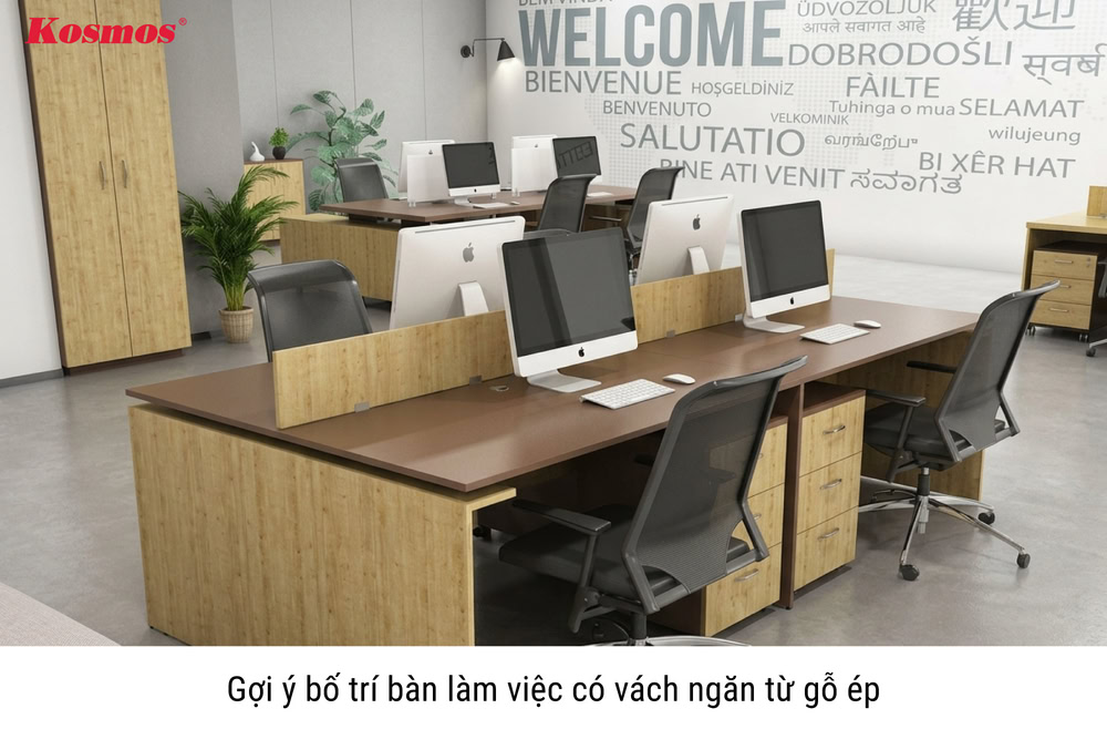 Gợi ý bố trí bàn làm việc có vách ngăn từ gỗ ép