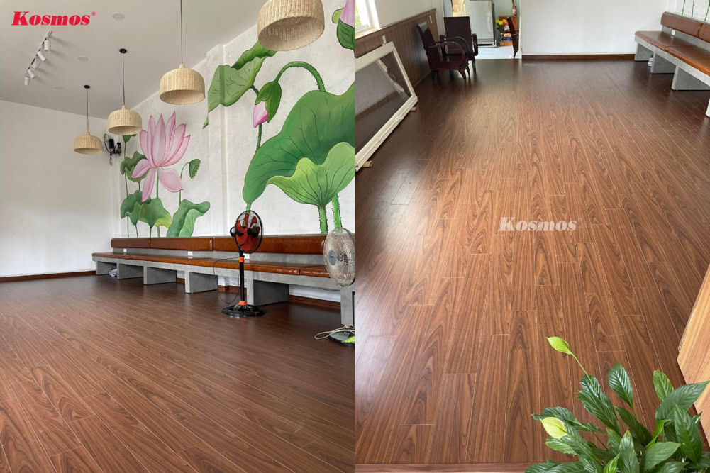 Hình công trình sàn gỗ màu nâu đỏ Kosmos M193 lát 25m² sàn khu vực phòng sinh hoạt chung Hình công trình sàn gỗ màu nâu đỏ Kosmos M193 lát 25m² sàn khu vực phòng sinh hoạt chung
