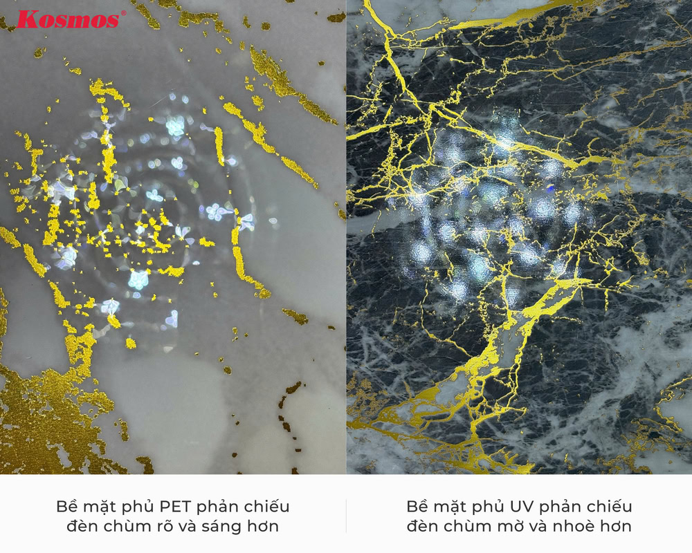 Hình so sánh bề mặt phủ PET và UV trong cùng một nguồn sáng, quan sát hình ảnh phản chiếu của đèn Hình so sánh bề mặt phủ PET và UV trong cùng một nguồn sáng, quan sát hình ảnh phản chiếu của đèn