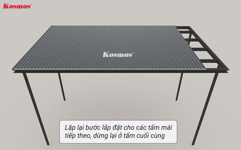 Lắp các tấm mái lợp Panel còn lại cho đến tấm cuối cùng Lắp các tấm mái lợp Panel còn lại cho đến tấm cuối cùng