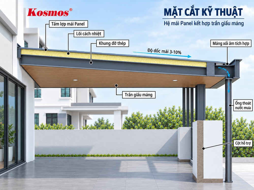 Mặt cắt kỹ thuật hệ mái panel kết hợp trần giấu máng