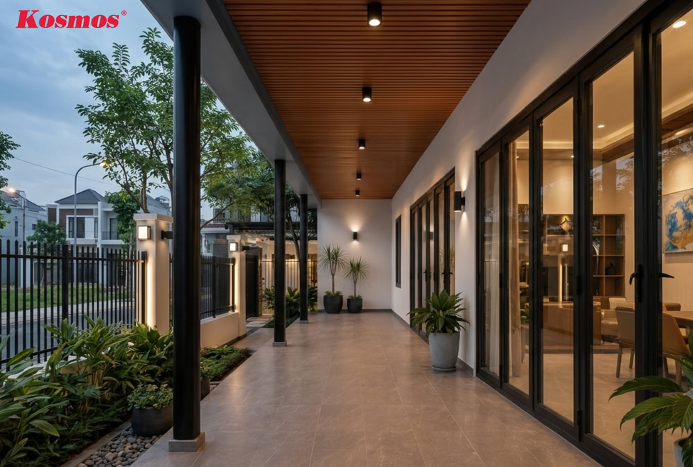 Mẫu trần mái hiên tại Phường Tân Định, HCM (2/2026) sử dụng lam sóng nhôm vân gỗ nâu