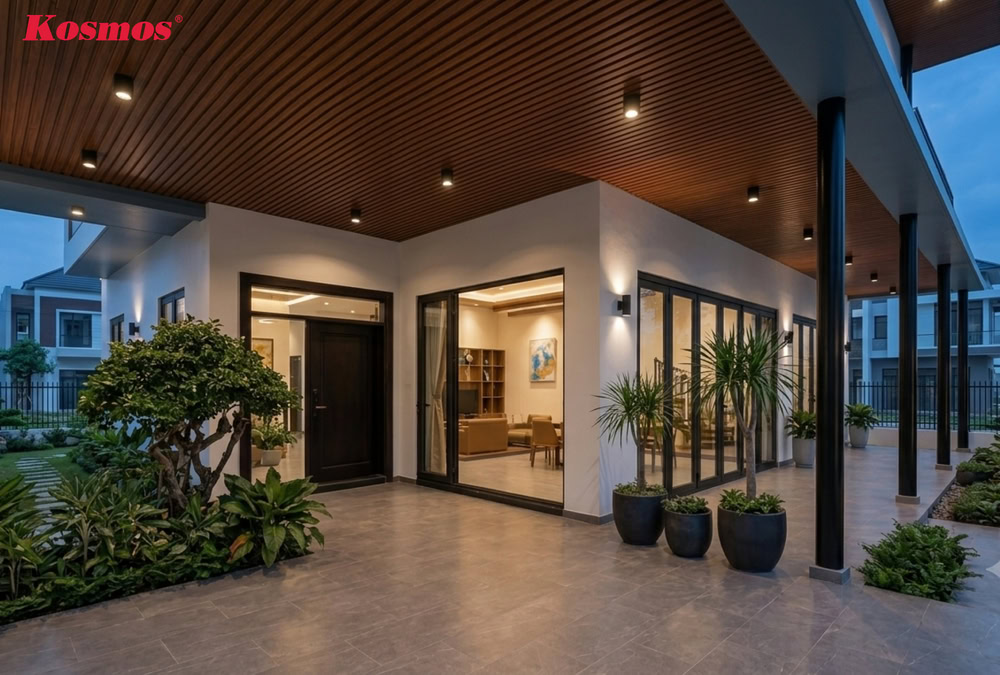 Mẫu trần mái hiên tại Tỉnh Đồng Nai (3/2026) sử dụng lam sóng nhôm vân gỗ nâu walnut