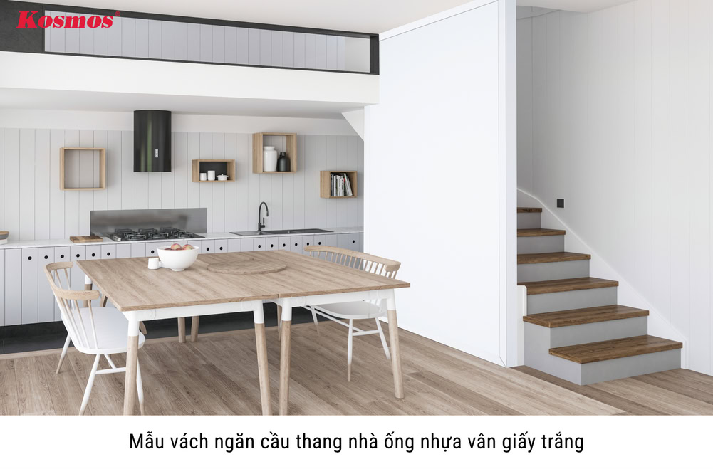 Mẫu vách ngăn cầu thang nhà ống nhựa vân giấy trắng