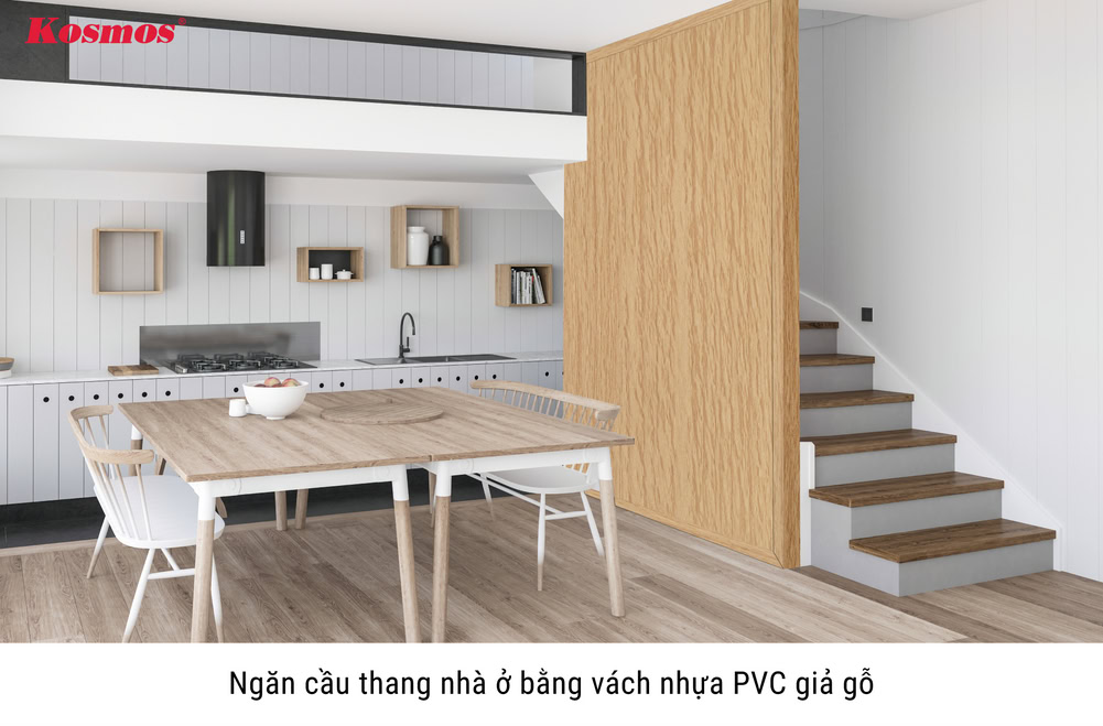 Ngăn cầu thang nhà ở bằng vách nhựa PVC giả gỗ