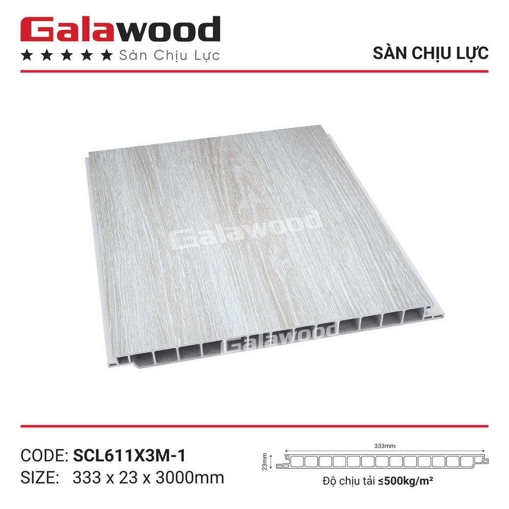 Sàn chịu lực Galawood SCL611-1 màu xám nhạt có khả năng chịu tải lên đến 500kg/m²